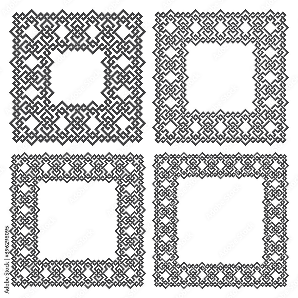 Set of square frames, rectangular patterns of different sizes. 4 decorative elements for design with stripes braiding borders. Black lines on white background.