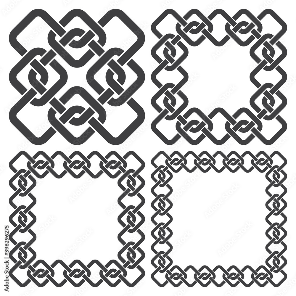 Set of square frames, rectangular patterns. 4 decorative elements for design with stripes braiding borders. Black lines on white background. Set of square frames, rectangular patterns. 4 decorative elements for design with stripes braiding borders. Black lines on white background.