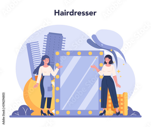 Hairdresser concept. Idea of hair care in salon. Scissors and brush
