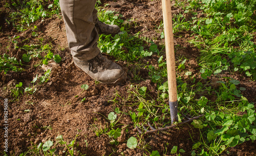 Agriculture, gardening and farm work, boots stepping on the ground with hoe and rakes