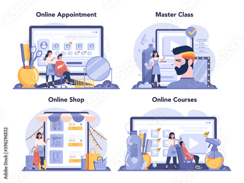 Hairdresser online service or platform set. Idea of men are.