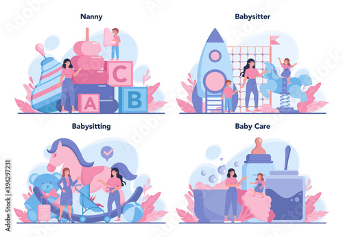 Babysitter service or nanny agency concept set. In-home babysitter