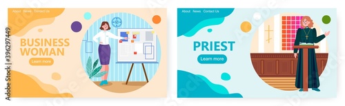 Business woman making presentation and pointing at the board. Concept vector illustration. Female priest preaching sermon in catholic church. Woman presents business plan