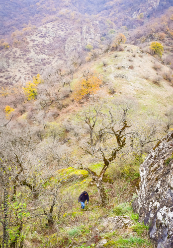 Woman alone hikes up the hill surounded by pristine autumn nature on rocky landscape. Solo adventure in caucasus. Berdiki (Poladauri) castle hiking route. photo