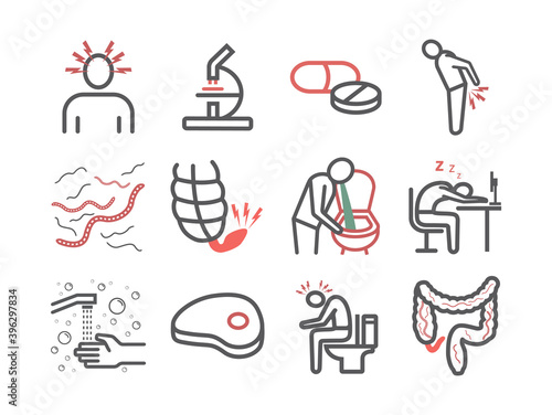 Tapeworms. Symptoms. Line icons set. Vector signs for web graphics.
