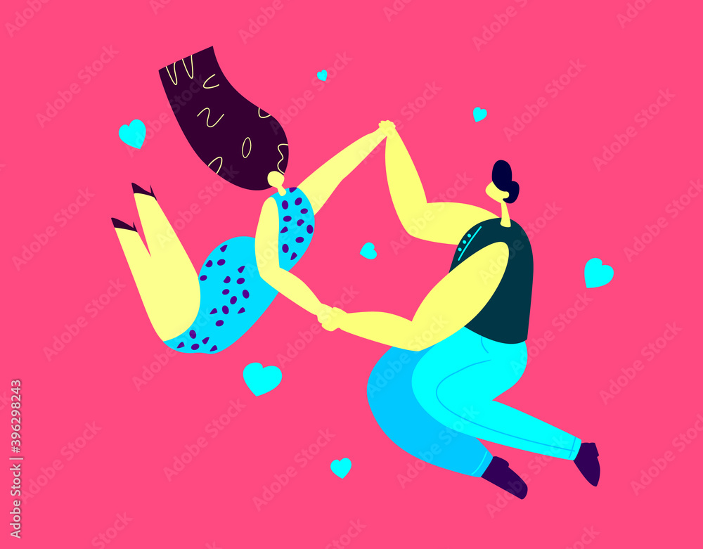 Valentines Day Date.Loving Romantic Couple Dancing,Holing Hands.Dancing Among Hearts. Girfriend,Boyfriend.Anniversary Celebrating. Man and Woman Flirting. Valentine Day Relationships.Flat Illustration