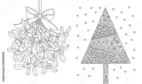 Christmas-tree and mistletoe with bow. Merry Christmas and Happy New Year. Vector hand drawn artwork. Holiday concept. Coloring book page for adults, kids. Black and white