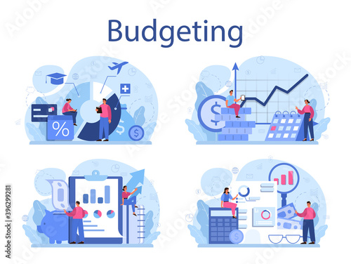 Budgeting concept set. Idea of financial planning and well-being