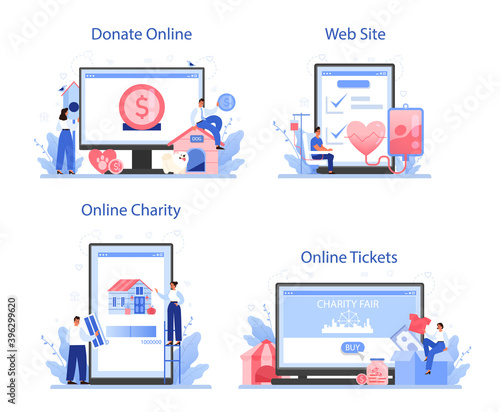 Charity online service or platform set. People or volunteer donate