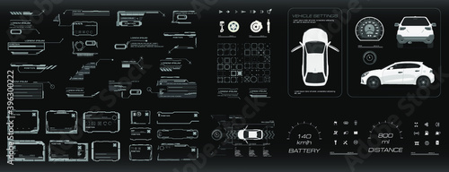 Car user interface HUD, GUI, UI. Complete vehicle equipment. Options, power settings, electronics. Virtual graphical interface with vehicle settings and options