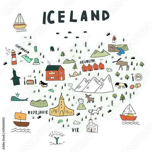cartoon map of Iceland in hand drawn modern style vector illustration. Illustrated map of Iceland in cute doodle style.Cartography concept. Tourism guide concept. Travel concept. Nordic country. 