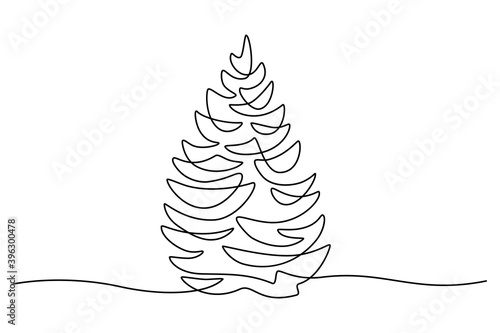 Fir tree in continuous line art drawing style. Minimalist black linear design isolated on white background. Vector illustration