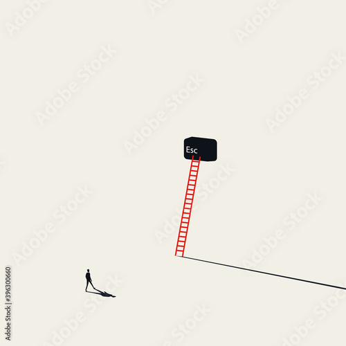 Escape vector concept. Businessman walking to escape key. Symbol of freedom, independence, liberty.
