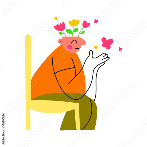 Man sitting on his chair and feel joy and happiness. Mental health concept. Vector hand drawn illustration on white background.