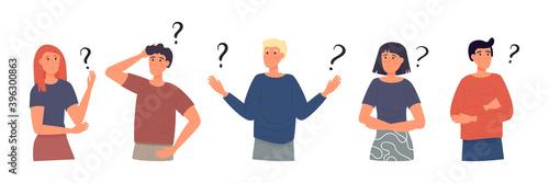 Concept of inquiry, frequently asked questions, looking for assistance, help, thinking. Female and male characters surrounded question marks. Men and woman in trouble. Flat vector illustration