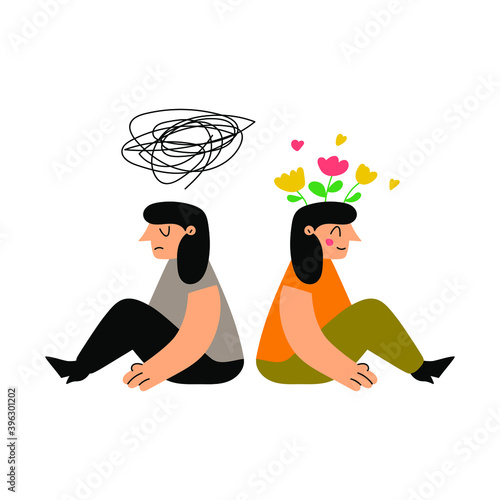 Woman with mental problems and happy woman. Illustration on white background. 