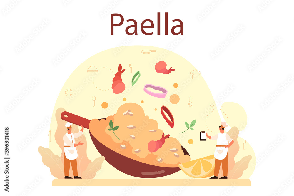 Paella. Spanish traditional dish with seafood and rice on a plate. Paella. Spanish traditional dish with seafood and rice on a plate.