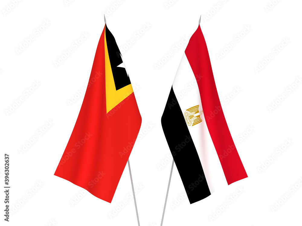 Naklejka premium National fabric flags of Egypt and East Timor isolated on white background. 3d rendering illustration.