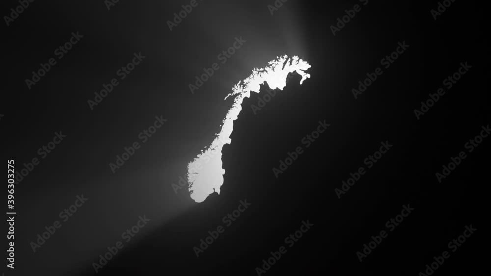 Norway map silhouette with light effects for sporting event, intro or cinematic video. An alpha mask of a white and gold Norwegian contour map for blending footage by Blending Mode to double exposure.