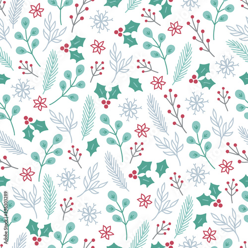 Christmas seamless pattern with fir branches  berries  snowflakes  holly