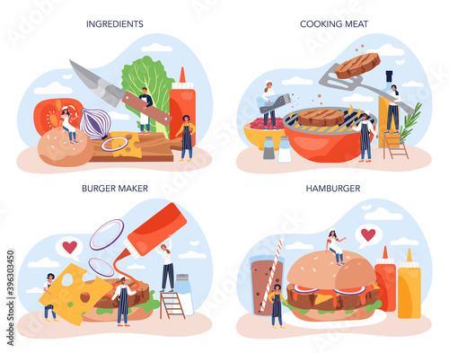 Fast food, burger house concept set. Chef cook tasty hamburger