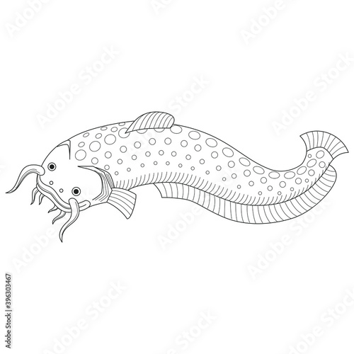 Black and white catfish. Heraldry. Hand drawn vector illustration for coloring books and pages.