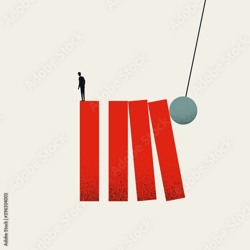 Business crisis or risk vector concept. Domino effect, falling bricks pushed demolition ball. Symbol of crash, failure.