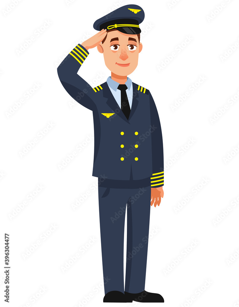 Airplane pilot giving salute. Male character in cartoon style. Airplane pilot giving salute. Male character in cartoon style.