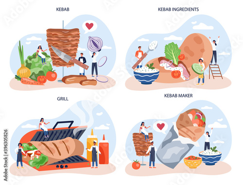 Kebab street food concept set. Chef cooking delicious roll