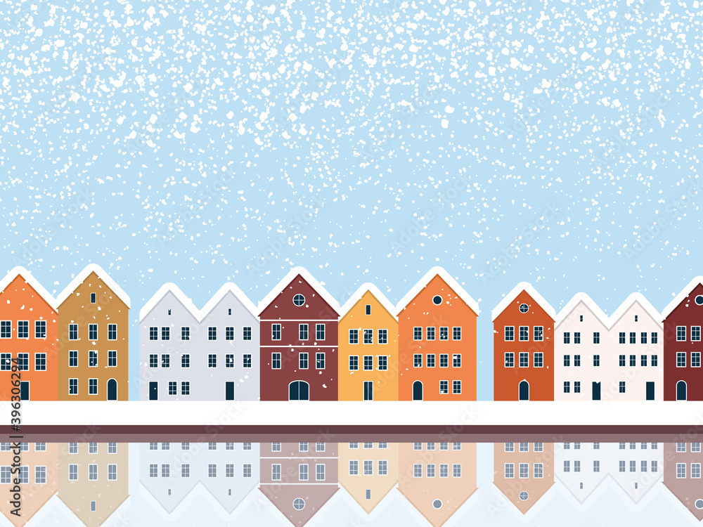 Christmas card vector template with landscape of a small town or village at lake shore with reflection.