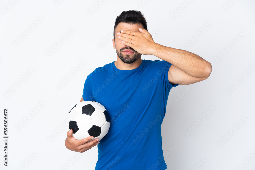Handsome young football player man over isolated wall covering eyes by hands. Do not want to see something Handsome young football player man over isolated wall covering eyes by hands. Do not want to see something