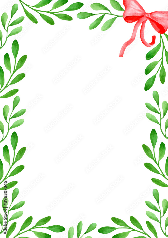 Watercolor Christmas frame with mistletoe leaves and ribbon bow. Hand painted vertical rectangular floral border isolated on white background with copy space. Template for xmas, New year card, banner.