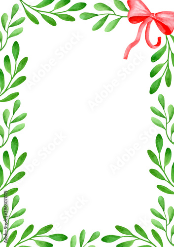 Watercolor Christmas frame with mistletoe leaves and ribbon bow. Hand painted vertical rectangular floral border isolated on white background with copy space. Template for xmas  New year card  banner.