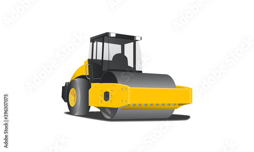 Compactor simple 3d Vector yellow vibratory Road roller and asphalt paver, heavy equipment vector illustration eps 10. Isolated in white background
