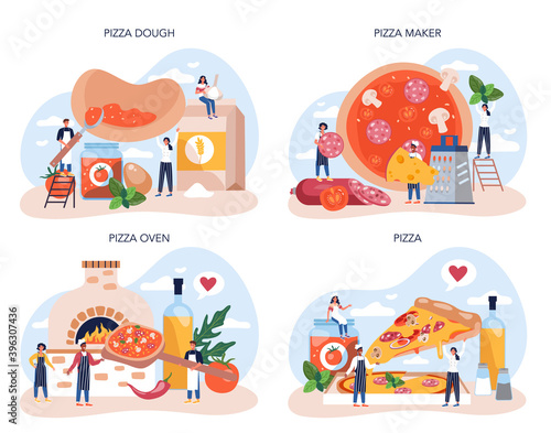 Pizza maker concept set. Chef cooking tasty delicious pizza.