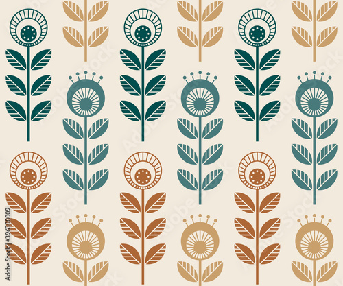 Scandinavian folk style flowers, seamless vector pattern