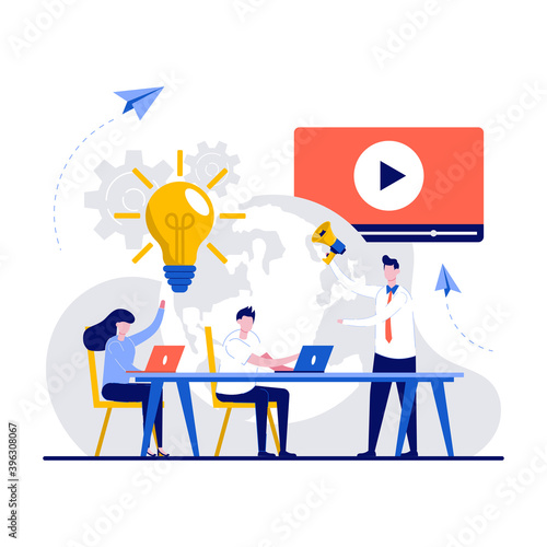 Marketing team metrics, marketing team lead and responsibilities concept with tiny character. Digital marketing team with laptops and light bulb. Customer attraction, social media promotion