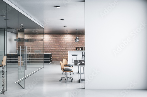 Comfortable office lobby interior with blank white wall. photo