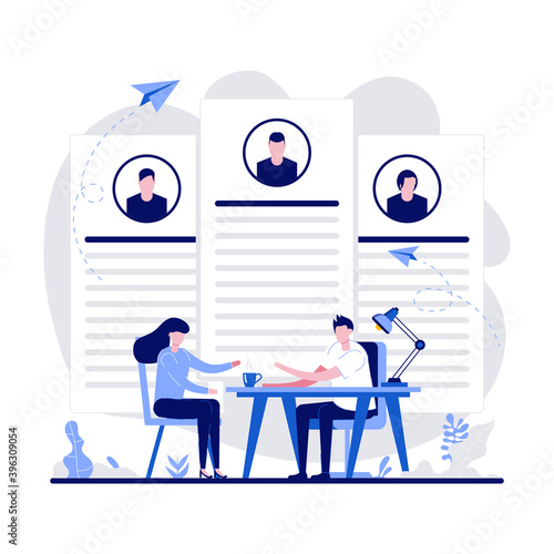 Job interview, employment process, choosing a candidate concept with tiny character. Recruitment and employment service abstract vector illustration. HR agency and headhunting company metaphor