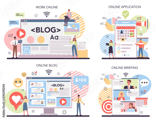 Brand promotion online service or platform set. Customer attention