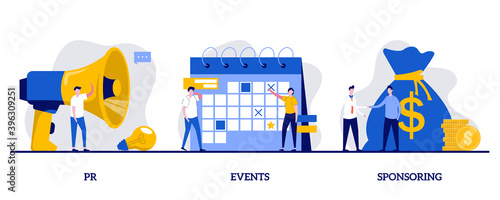 PR, events, sponsoring concept with tiny people character. Business funding, money investing abstract illustration set. Marketing campaign, workflow planning and time management metaphors