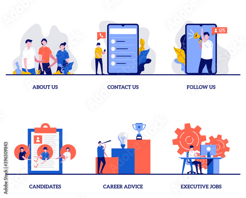 Candidates, career advice, executive jobs concept with tiny character and icons. Employees hiring abstract vector illustration set. Recruitment and headhunting agency, employment service metaphor