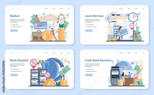Banker or banking web banner or landing page set. Idea of finance