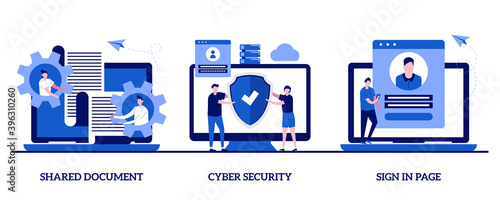 Shared document, cyber security, sign in page concept with character. Cloud service access abstract vector illustration set. Public folder access, editing online, data protection, user login metaphor