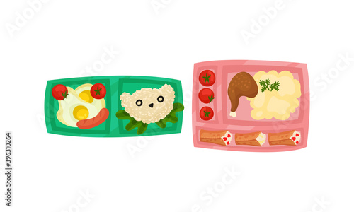 Sectioned Tray or Lunchbox with Food and Nutrition Vector Set