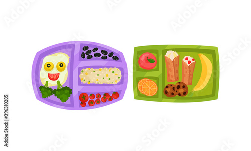 Sectioned Tray or Lunchbox with Food and Nutrition Vector Set