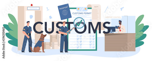 Customs typographic header. Passport control at the airport.