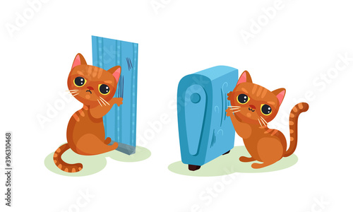 Naughty Playful Kitten Scratching Wallpaper and Radiator Vector Set