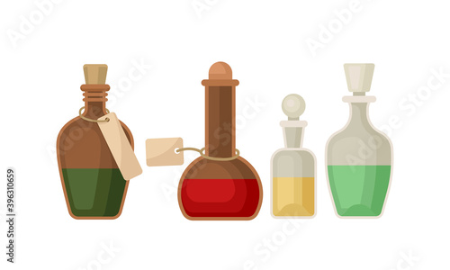 Glass Labeled Bottles with Cork as Ancient Medical Tools and Laboratory Equipment Vector Set