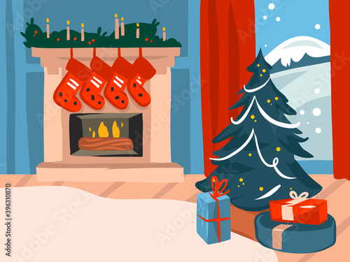 Hand drawn vector abstract stock flat Merry Christmas,and Happy New Year cartoon festive illustrations of big decorated fireplace and xmas tree in holiday home interior isolated on color background